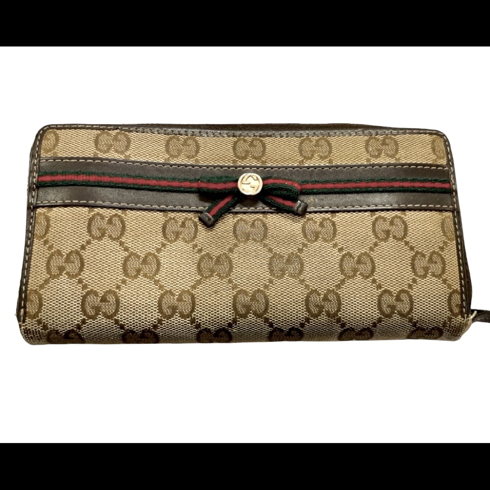 GUCCI Authentic Sherry Princy GG zipper wallet canvas Leather ribbon